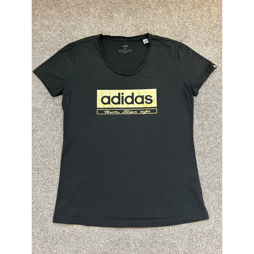Adidas Graphic T-Shirt Womens Medium Black Excellent Gold Box Logo GL2849